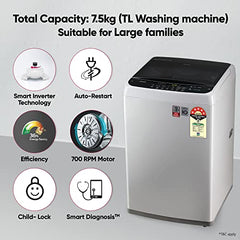 LG 7.5 Kg 5 Star Smart Inverter Technology Fully Automatic Top Load Washing Machine (T75VBMB1Z, Auto Prewash, Turbodrum, Stainless Steel drum, LED Display, Smart Diagnosis, Middle Black)