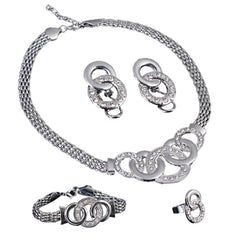 SYGA Women Necklace Set Silver-tone Five Rings Pattern Four Piece Jewelry Set Earrings Necklace Bracelet Ring Wedding Festival For Women