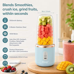 Juicer for Home ^ Lacossi Juicer Mixer Grinder with 1500mAh Battery, 6 Blades 3Gears Fast Blending, 2-Jar Capacity (400ml*2) | 40 Watts Bullet Rechargeable Portable Personal Juicer