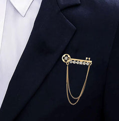 SYGA Men's & Women Suit Shirt Stud Lapel Pin Chain Tassel Brooch Pin with Crystal Chain(Key golden)