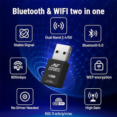 Ant Esports AE600B 600 Mbps Wi-Fi + Bluetooth USB 2.0 Mini Dongle for Desktop Laptop PC I 2.4 & 5Ghz I WiFi 5 802.11AC