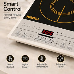 KAPLI 2000 W Induction Cooktop with Touch Panel, 8 Preset Cooking Functions, 4-Digit LED Display, Auto Pan Detection & High-Low Voltage Protection – Black & White