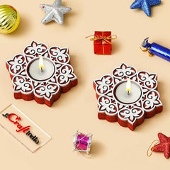 eCraftIndia Wooden Floral Printing Block Decorative Tea Light Candle Holders (Set of 12, Green White) Diwali Christmas Decorations Items for Home Office Christmas Gifts for Women Men Family Friend