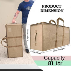 Storite Jumbo Super-Size 81 L Canvas Moisture Proof Heavy Duty Storage Bag | for Toys/Stationery/Blankets/Clothes/Moving Bags MultiPurpose With Strong Reinforced Handles Rectangular Cream (87x26x36 cm)