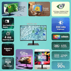 Acer B277U GB 27 inch WQHD (2560x1440) IPS Monitor | ErgoStand Tilt Swivel Pivot Height Adjust | 120Hz AdaptiveSync |TUV Low BlueLight | Strong Sturdy Design | HDMI DP Audio Out | Speakers I Black