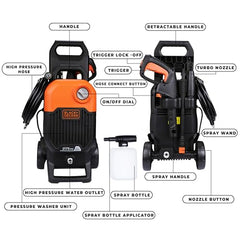 BLACK+DECKER BEPW1600 1300W 1600 PSI 110 Bar Pressure Washer for Car, Bike, Home & Garden Cleaning Use with Multiple Accessories Included, 1 Year Warranty, Orange & Black