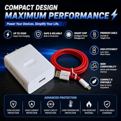 100W Fast Charger with 1 Meter USB to Type-C Cable Compatible with Vooc/SuperVOOC/Warp/Dart/Flash Charging for OnePlus Oppo Realme Vivo Xiaomi Samsung Type C Devices