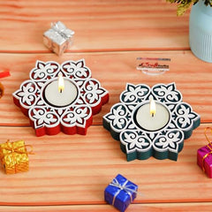 eCraftIndia Wooden Floral Printing Block Decorative Tea Light Candle Holders (Set of 12, Green White) Diwali Christmas Decorations Items for Home Office Christmas Gifts for Women Men Family Friend