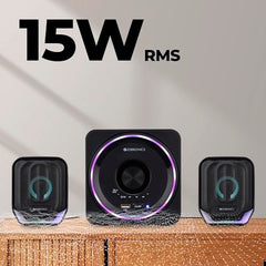 ZEBRONICS Pluto 2-2.1 Channel Desktop Speaker with 15 watts Output, Bluetooth 5.0, USB, mSD, FM, 3.5mm Jack Line Input, Inbuilt Volume Control, USB Powered, RGB Lights
