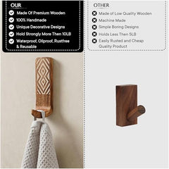 IndianShelf 6 Decorative Wood Adhesive Wall Hooks No Drill - Fork Art | Handmade, Renter Friendly, Waterproof, Reusable, Peel and Sticky Hooks for Keys, Towel, Bags, Light Coat, Jewelry, 10Lb Load