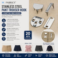 M Fabrics Stainless Steel Pant Trouser Hooks (Silver, 2-Part Sew-On, Set of 20) | Rust-Free Fasteners for Pants, Shorts, Dresses & Garments