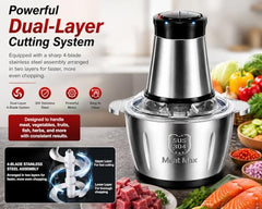 800W Electric Meat Grinder & Food Chopper with 304 Stainless Steel Bowl, 4-Blade Vegetable Processor, 2-Speed Control for Meat, Fish, Fruits, Onion, Garlic, Nuts & More for Home Kitchen, Easy Cleaning