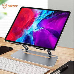Tukzer (Imported Foldable Laptop Stand Riser for Laptop, MacBook, Notebook & Tablets up to 17 Inch, 7 Level Height Angle Adjustment, 2X Stronger M-Shape Aluminum Silicone Pads Air Ventilation-Black