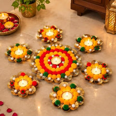 Webelkart Premium Pack of 9 Diwali Decoration Flower Rangoli Diwali Decorative Rangoli with Diya Set, Tea Light Candle Holder Floor Rangoli Festival Decor Home,Deepawali Center 10" and Samll 4" in