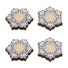 eCraftIndia Wooden Floral Printing Block Decorative Tea Light Candle Holders (Set of 12, Green White) Diwali Christmas Decorations Items for Home Office Christmas Gifts for Women Men Family Friend