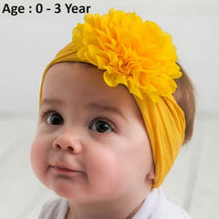 SYGA PACK OF 3 Headbands Nylon Flower Soft Stretchable Hairband for Newborn Infant Toddler Kids For 0-3 Year (MediumPink-Beige Yellow-Turquoise)