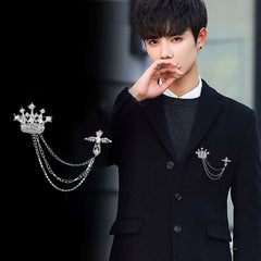 SYGA Men's & Women Regal Crown Suit Shirt Stud Lapel Pin Chain Tassel Brooch Pin with Crystal Chain(Silver)