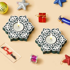 eCraftIndia Wooden Floral Printing Block Decorative Tea Light Candle Holders (Set of 12, Green White) Diwali Christmas Decorations Items for Home Office Christmas Gifts for Women Men Family Friend