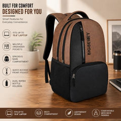 BIGBERRY Rodeo 2.0 Leatherite Faux Leather Laptop Backpack for Men & Women | Water Resistant 2 Compartment Casual Daypack | 15.6 Inch Laptop Bag for Office, College, Travel & Daily Use, Navy Blue