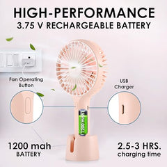 Gesto Portable Fan Rechargeable – USB Charging Hand Fan with 1200mAh Battery & 3 Speed Modes | Mini Fan, Small Fan, Handheld Fan – Ideal for Travel, Makeup, Kitchen | Women’s Personal Pankhaa - Pink