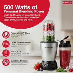 CORVELL Nutri 500W Portable Juicer Mixer Grinder, Silver, 3 Jar | For Smoothies & Shakes, High Capacity Jars with Sipper, For Kitchen, Gym, Travel & Office, 2 Year Warranty