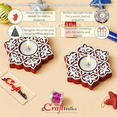 eCraftIndia Wooden Floral Printing Block Decorative Tea Light Candle Holders (Set of 12, Green White) Diwali Christmas Decorations Items for Home Office Christmas Gifts for Women Men Family Friend