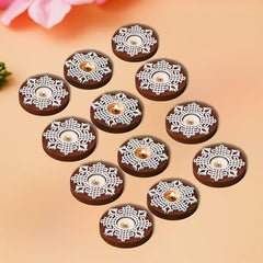 eCraftIndia Wooden Floral Printing Block Decorative Tea Light Candle Holders (Set of 12, Green White) Diwali Christmas Decorations Items for Home Office Christmas Gifts for Women Men Family Friend