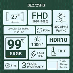 Dell SE2425HG 23.8" FHD IPS Gaming Monitor, 200Hz Refresh, 3side narrow bezels, 1ms GtG, AMD FreeSync Premium,HDR 10,300nits, 1000:1 Contrast, 99% Srgb, Tilt, 2*HDMI 2.1 TDMS(supports HDMI VRR),DP 1.4
