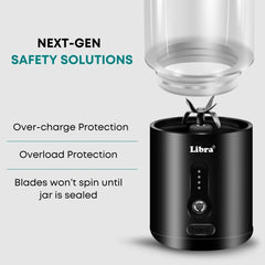Libra Plastic Portable Blender, USB Rechargeable Blender Juicer with 6 Blades, 530ml Capacity, 4000mAh Battery, 235W Motor, Waterproof Portable Juicer for Travel, Gym & Office (Transparent Black)