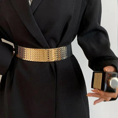 SYGA Decorative Belt For Women, Metal Elastic Waistband, Fashionable Fish Scale Pattern Elastic Wide Belt, Versatile For Dresses And Dresses(Gold)