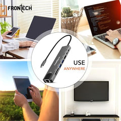 Frontech 8-in-1 Multi-Port Expansion Hub, Dual Input (USB-C & USB), High-Speed Data Transfer, Metal Matt Finish, Backed with 1 Year Warranty (NC-0058)