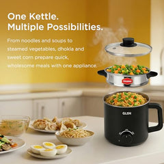 Glen Electric Kettle with Steamer 1.5L, 600W | Multipurpose Kettle for Tea, Coffee, Milk, Eggs, Soup & Noodles | Egg Boiler, Food Steamer, Dual Heat Settings, Auto Shut-Off SA9016 MCK