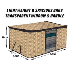 Kuber Industries Non-Woven Underbed Storage Bag | Clothes Storage Organizer | Blanket Cover With Clear Window | Zipper Closure & Handle Cloth Organizer | Check-Design | Large | Pack Of 4 | Cream