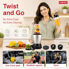 CORVELL Nutri 500W Portable Juicer Mixer Grinder, Silver, 3 Jar | For Smoothies & Shakes, High Capacity Jars with Sipper, For Kitchen, Gym, Travel & Office, 2 Year Warranty