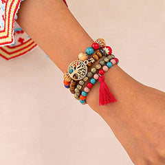 SYGA Bohemia Multilayer Bracelet, Retro Bracelet Set, Elastic Tassel Bracelet, Stackable Bracelet for Boy and Girl, Party, Holiday, Beach Accessories- Design 1