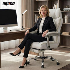 DROGO Emperium Office Chair for Work from Home 400LBS | Ergonomic Executive Boss Chair with PU Leather,High Back, Spacious Cushion Seat & Pumping Lumbar Support | Premium Metal Base & Footrest (White)