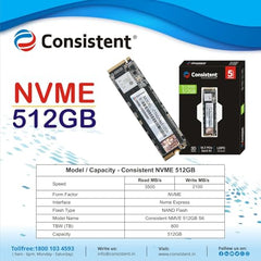 Consistent 512 GB NVMe PCIe M.2 SSD 2280, 3D NAND with SLC Cache, Up to 2200MB/s, 5 Years Warranty