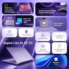 Acer Aspire Lite Intel Core i3/Core 3 14th Gen-100U Processor, Office 2024 + M365 Basic, 8GB RAM/256GB SSD, 15.6"/39.62 cm, FHD IPS Display,Win11Home, Steel Grey, 1.59Kg, AL15-53, Thin & Light Laptop