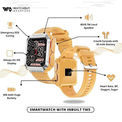 WatchOut WearPods Smartwatch with Wireless Earbuds, GPS Fitness Tracker, Music Storage, Heart Rate, Always-on HD Display, Best Headphones & Smart Watch in one Gift (Orange Army)