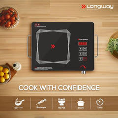 Longway Infralite Pro 2200W Infrared Hot Plate Cooktop with Steel Grill Rack, Crystal Glass Top, Touch Panel & Digital Display, 4 Preset Modes – Stir Fry, BBQ, Hot Pot & Steam, Black