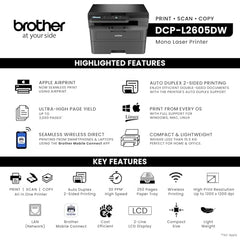 Brother DCP-L2605DW (New Launch) Auto Duplex Laser Printer, 30 PPM, Print Scan Copy, LCD Display, 256 MB Memory, (WiFi WiFi Direct LAN USB), Affordable, 2 in 1 (ID) Copy Button, Free Installation