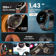 GOBOULT Crown R Pro 2 Smartwatch 1.43''HD AMOLED Display,BT Calling 5.2,600Nits Brightness,IP67,150+Watchfaces, 120+Sports Modes, AI Voice Assistant, SpO2 Monitoring(Charcoal Black)