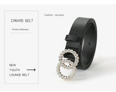 SYGA PU Leather Belt Rhinestone Waist Round Buckle Belt - Black