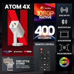 E GATE Atom 3X Projector 4k Ultra HD, Automatic Keystone & Precise Focus, 1080p Native | Rotatable Design | Android 14, Netflix Prime 11,000 Lumens, HDMI-ARC WiFi-6 BT, for Home use Egate