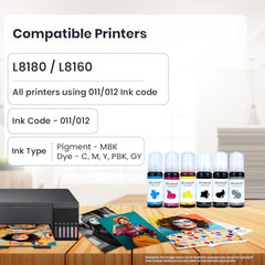Splashjet 011/012 Compatible Refill Ink for Epson L8180 / L8160 Printer – Compatible Ink Bottle for Epson 011/012 Ink Code (70gm x C/M/Y/BK/PB/GY) Ink Bottle – 502373