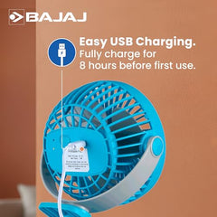 Bajaj Pygmy Mini Fan 110MM | USB Charging | Multi-Clip Function | Rechargeable | 4-Hr Back-up | Silent Operation | Longer Battery Life | Energy Efficient | Portable【White】