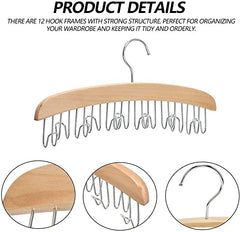 MOMISY Wooden Hanger with 12 Hooks Adjustable Tie, Belt, Scarf & Jewelry Organizer, Brown, Glossy Finish