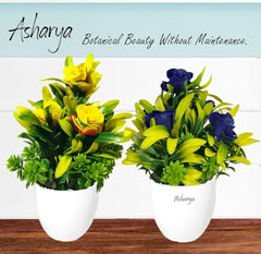 Asharya® Artificial Flower Plants for Home Décor – Set of 4 Mini Potted Plants (7 Inch) in White Pots | Pink, Yellow, Red & Blue Faux Flowers for Living Room, Office, Indoor Outdoor Decoration