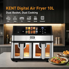 KENT Digital Air Fryer 5L | 1400W | Bake, Grill & Roast | Up to 80% Less Oil Usage | 8 Preset Menu | Rapid Heat Circulation | Digital Display & Touch Control Panel | Glass Window with in built Light