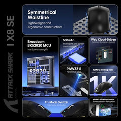 ATTACK SHARK X8SE Mouse for Large Hand, 55 g Superlight, PixArt PAW3311 Gaming Sensor, BT/2.4G Wireless/Wired, Adjustable DPI up to 25000, 500 mAh Battery (Black)